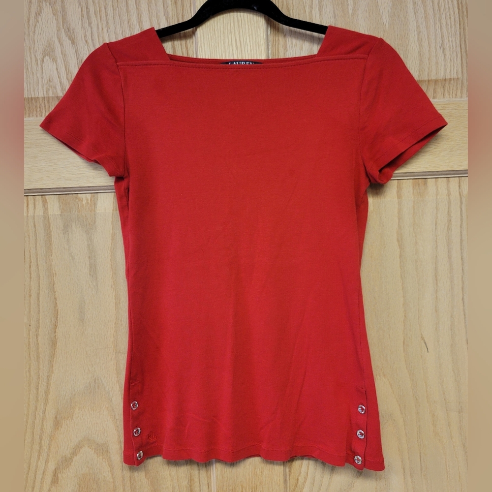 Ralph Lauren Womens Square Crew Neck Button Detail T-Shirt Top Poppy Red Size M